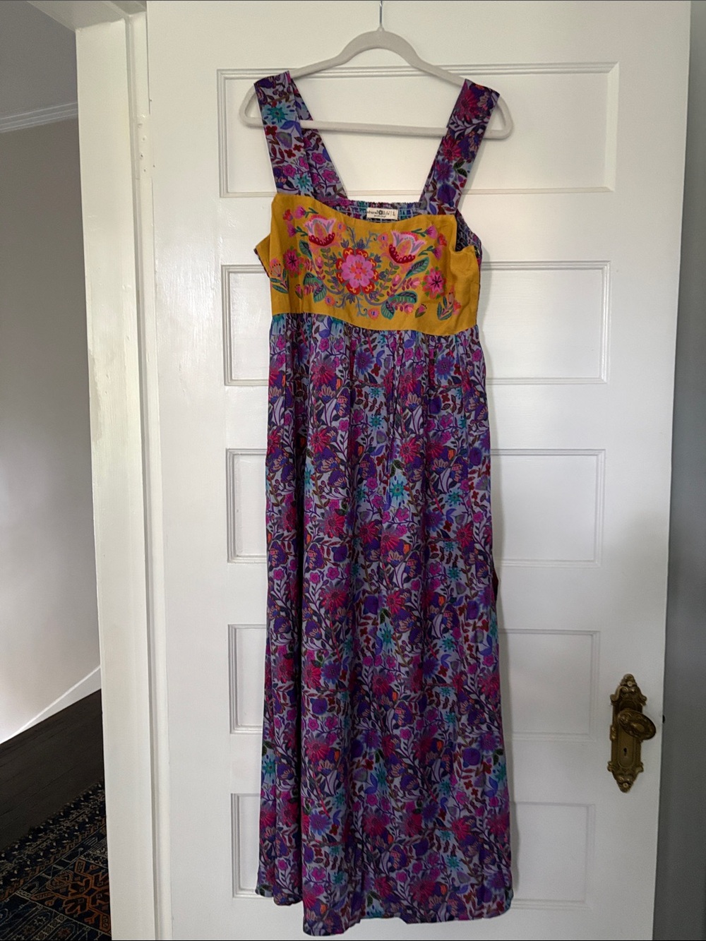 NATURAL LIFE Purple Floral Maxi Dress with Mustard Embroidered Bodice